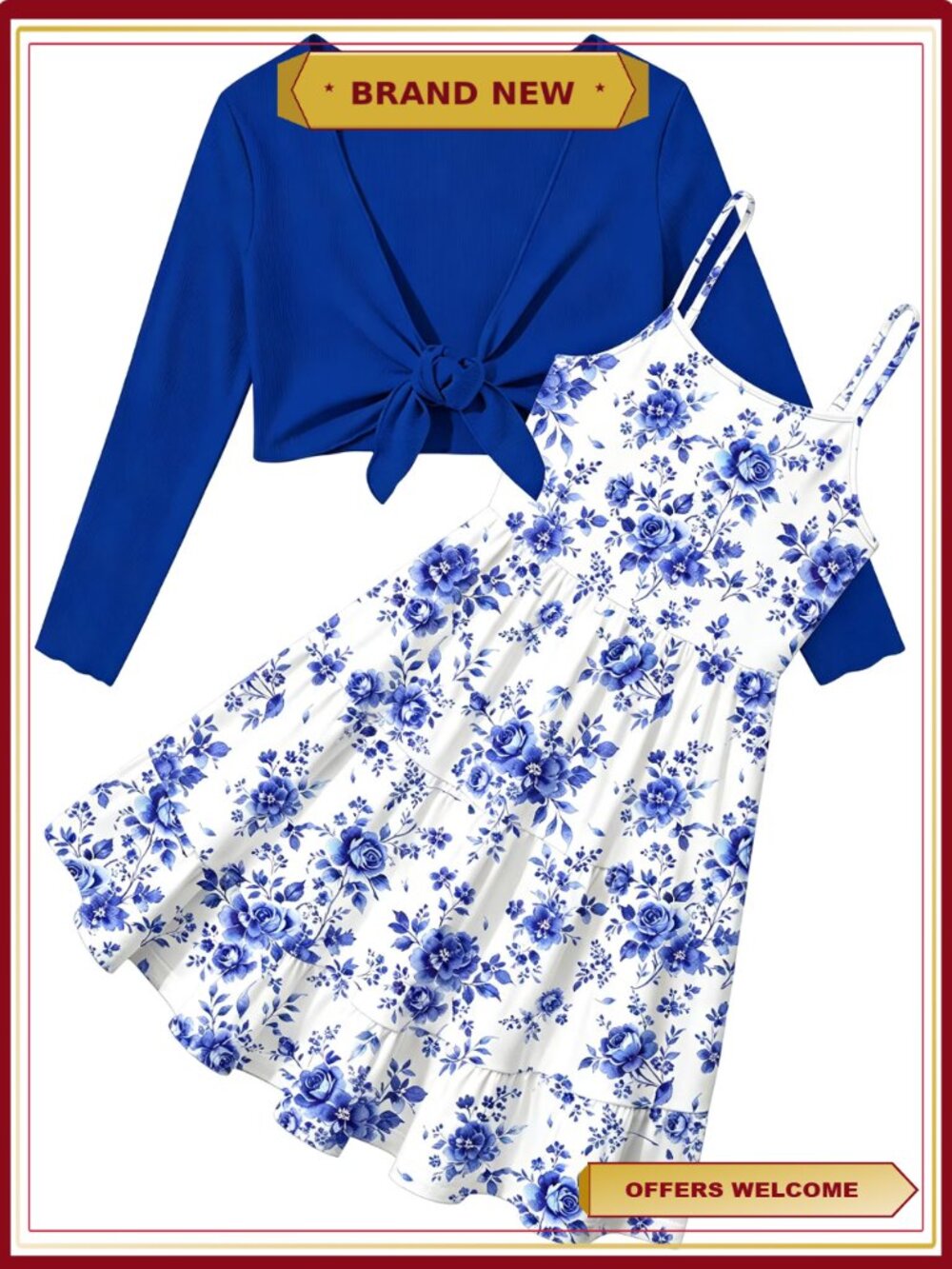 Girls Floral Dress with Cardigan Set Adjustable Cami Smocked Back 2 Piece